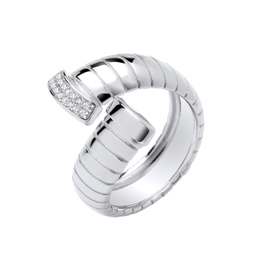 Sterling Silver Ribbed Cross-Over CZ Ring