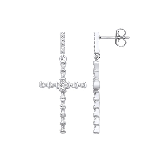 Sterling Silver Part Rub-Over Cubic Zirconia Cross Earrings