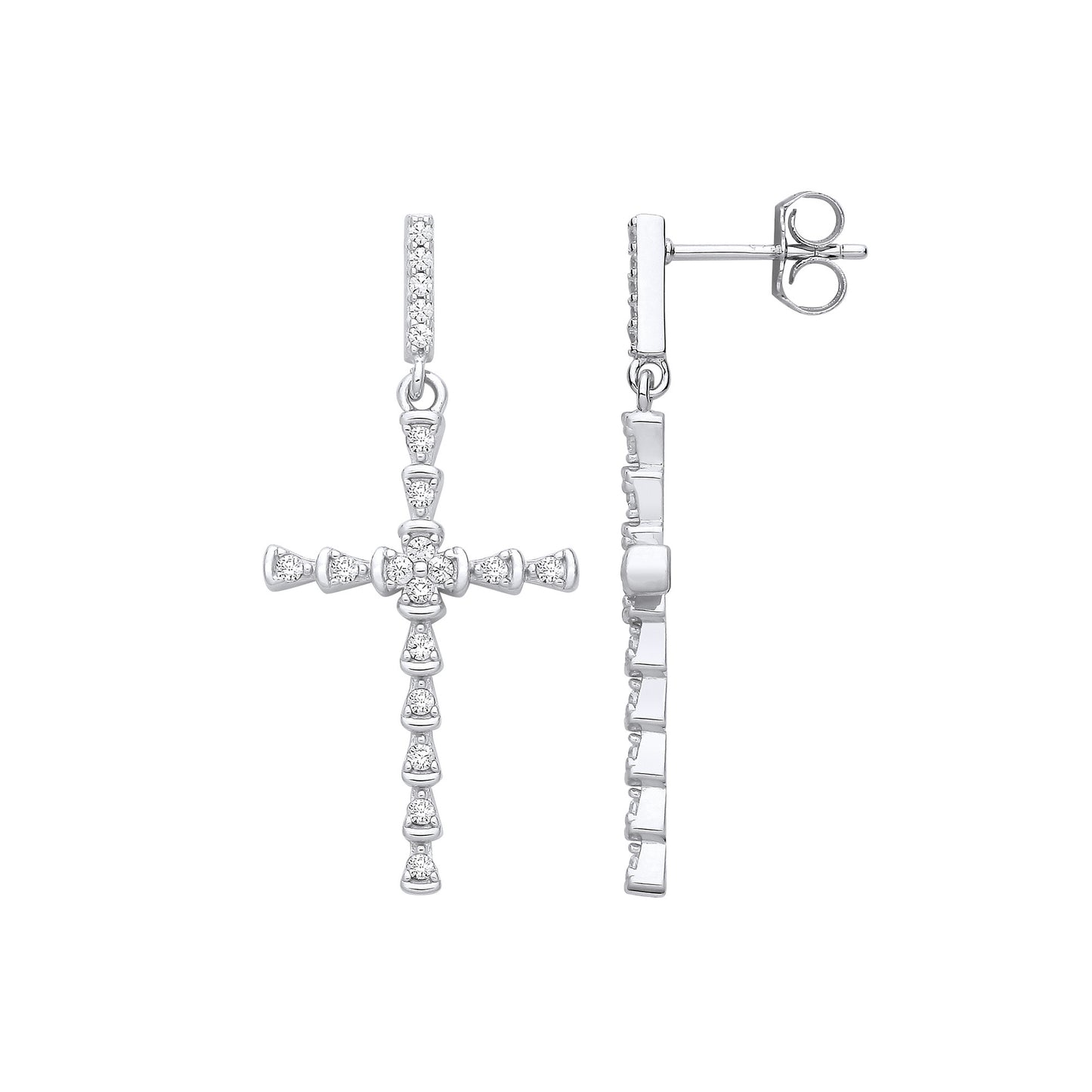 Sterling Silver Part Rub-Over Cubic Zirconia Cross Earrings