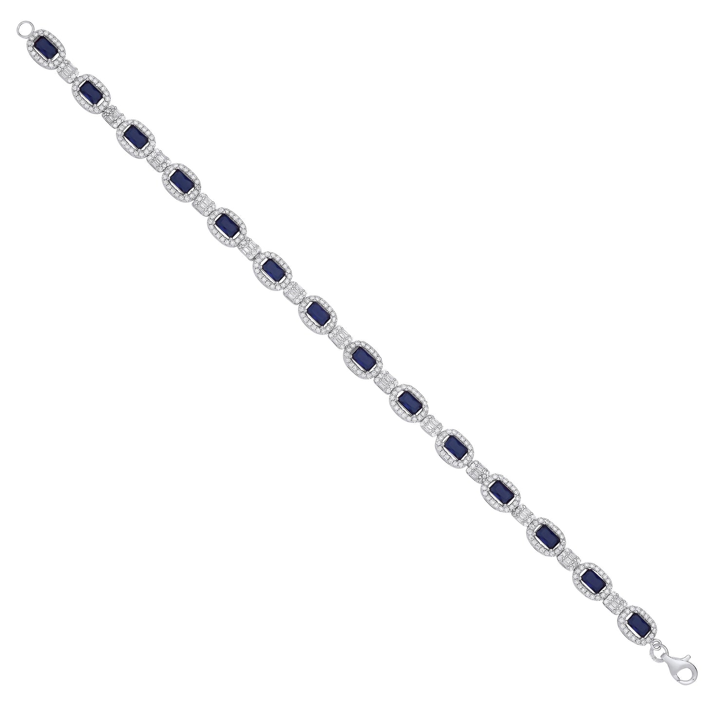 Silver Clear CZ & Blue Sapphire Glass Halo Style Ladies Bracelet