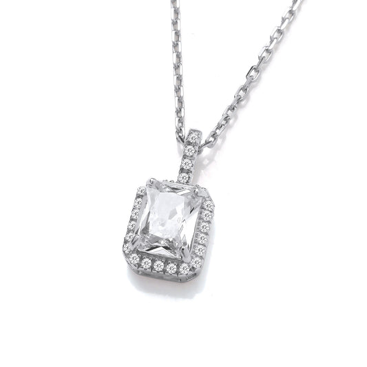 Emerald Cut CZ Halo , CZ Bail Silver Pendant with Chain