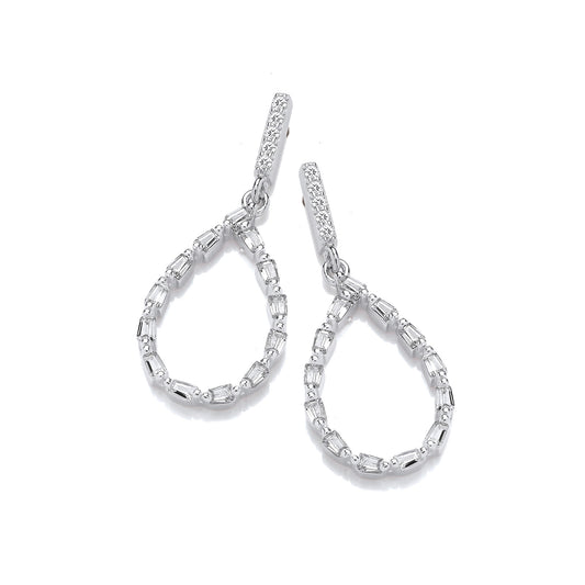 Teardrop Baguette CZs Silver Drop Earrings