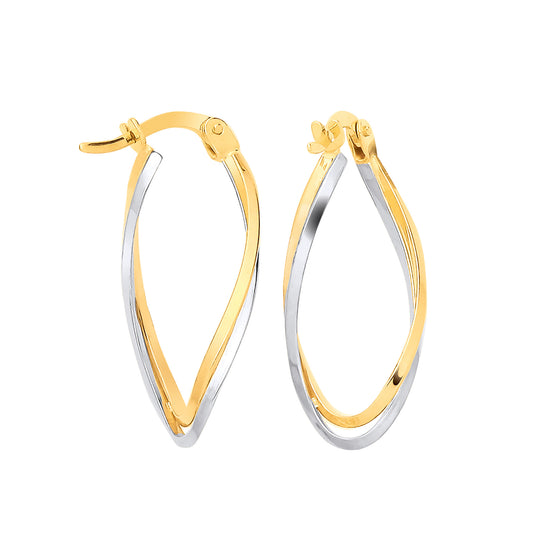 9ct Yellow and White Gold Two-Colour Twist Oval Hoop Earrings
