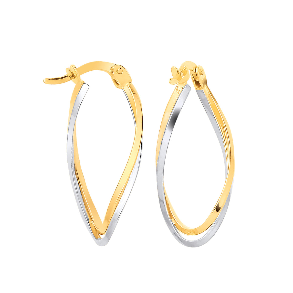 9ct Yellow and White Gold Two-Colour Twist Oval Hoop Earrings
