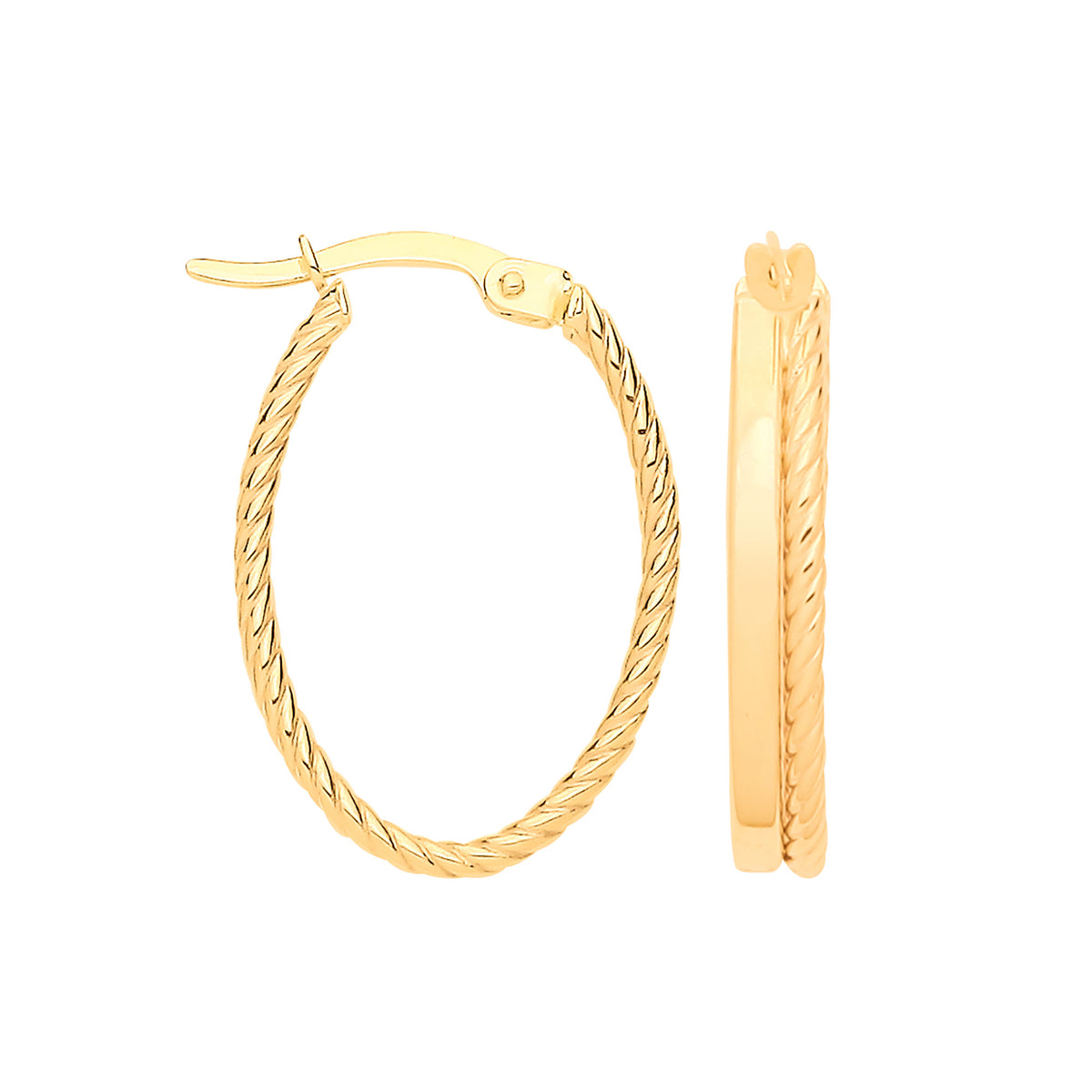 9ct Yellow Gold Double Tube Plain and Twisted Oval Hoop Earrings