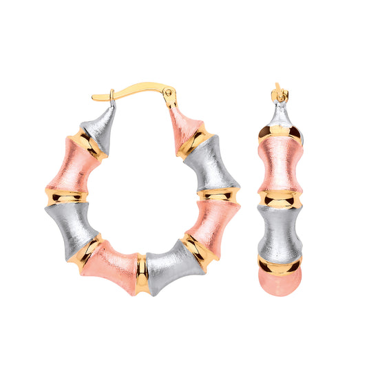 9ct Yellow Gold Three Colour Bamboo Frosted Hoops