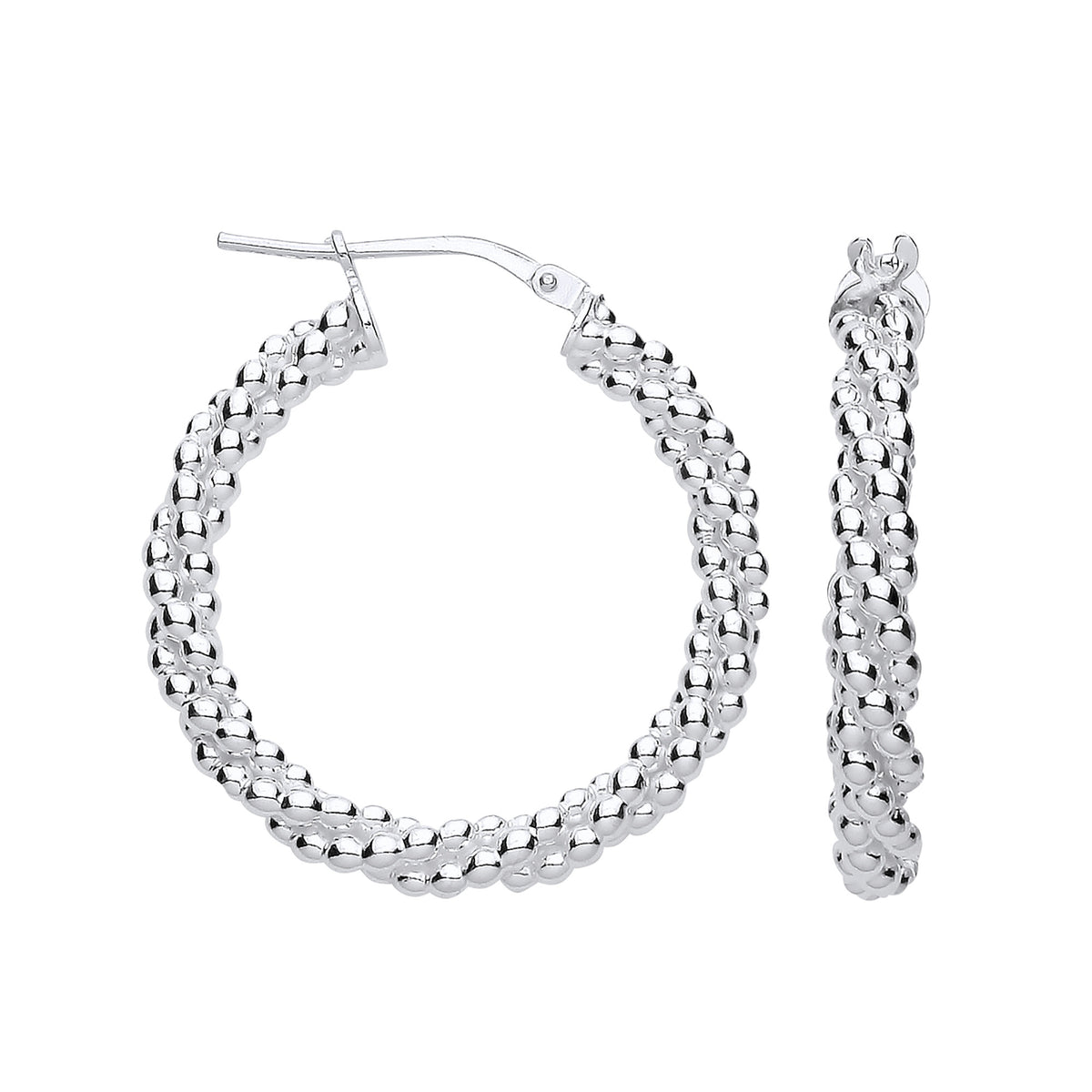 Sterling Silver 28mm Beaded Hoop Earrings