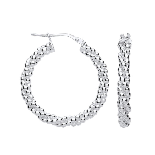 Sterling Silver 28mm Beaded Hoop Earrings