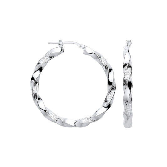 Sterling Silver 37mm Greek Key Twist Hoop Earrings