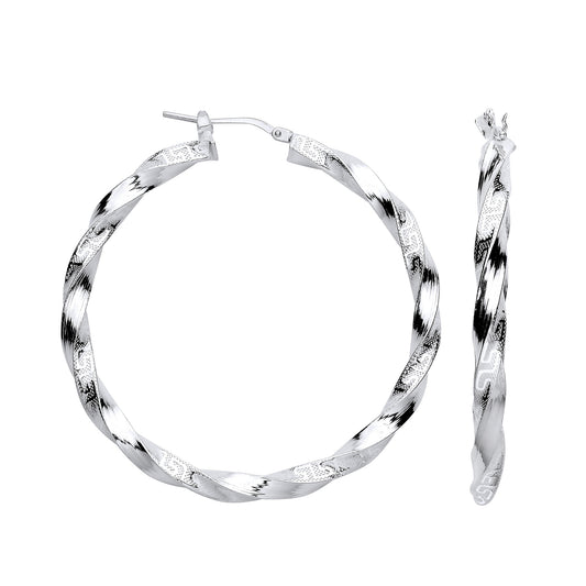 Sterling Silver 48mm Greek Key Twist Hoop Earrings