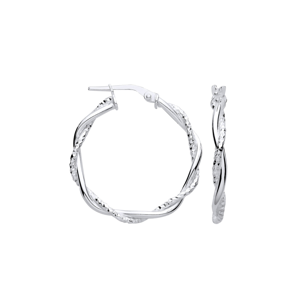 Sterling Silver Diamond-Cut & Plain Twist Medium Hoop Earrings