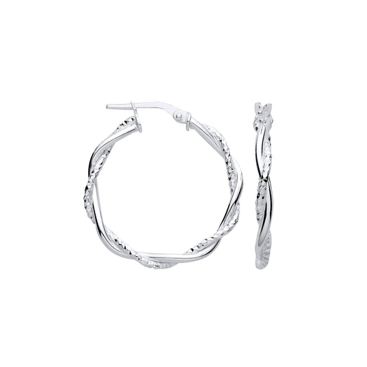 Sterling Silver Diamond-Cut & Plain Twist Medium Hoop Earrings
