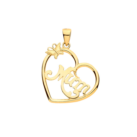 9ct Yellow Gold Mum Heart Butterfly Cut Out Pendant