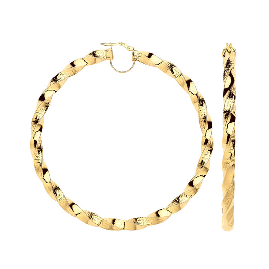 9ct Yellow Gold 75mm Twisted Greek Key Hoop Earrings