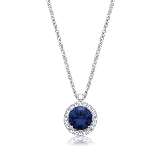 Sapphire Blue and Clear CZs Halo Pendant with Chain