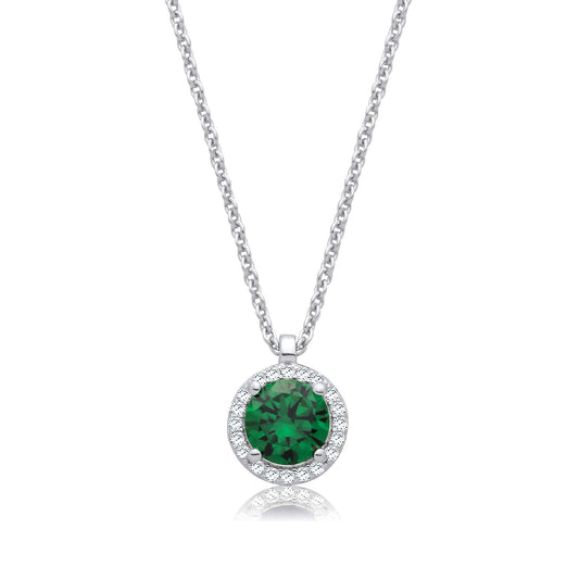 Emerald Green and Clear CZs Halo Pendant with Chain