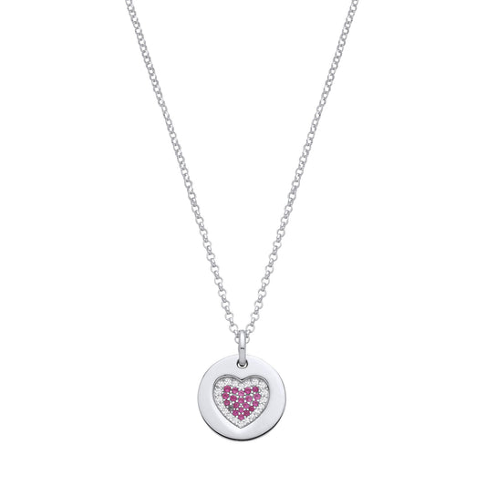 Silver Chain with Pink CZs Heart on Circle Pendant