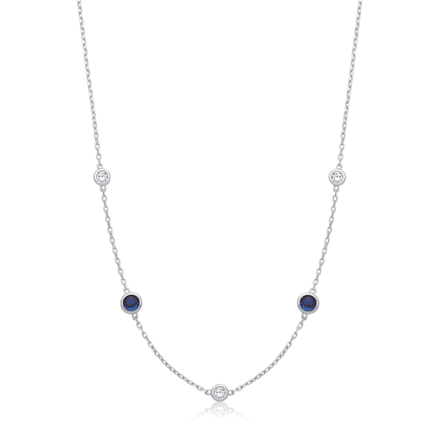 Silver Rh.Plated Rubover 5 Blue & Clear Cz's Necklace