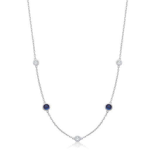 Silver Rh.Plated Rubover 5 Blue & Clear Cz's Necklace