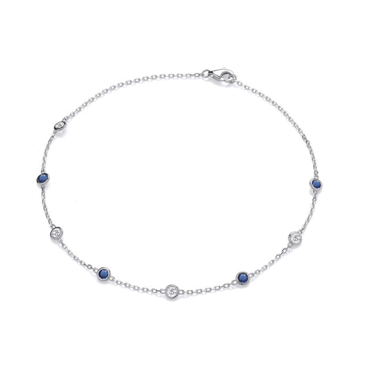 Silver Rubover Blue & Clear Cz's Ladies Anklet