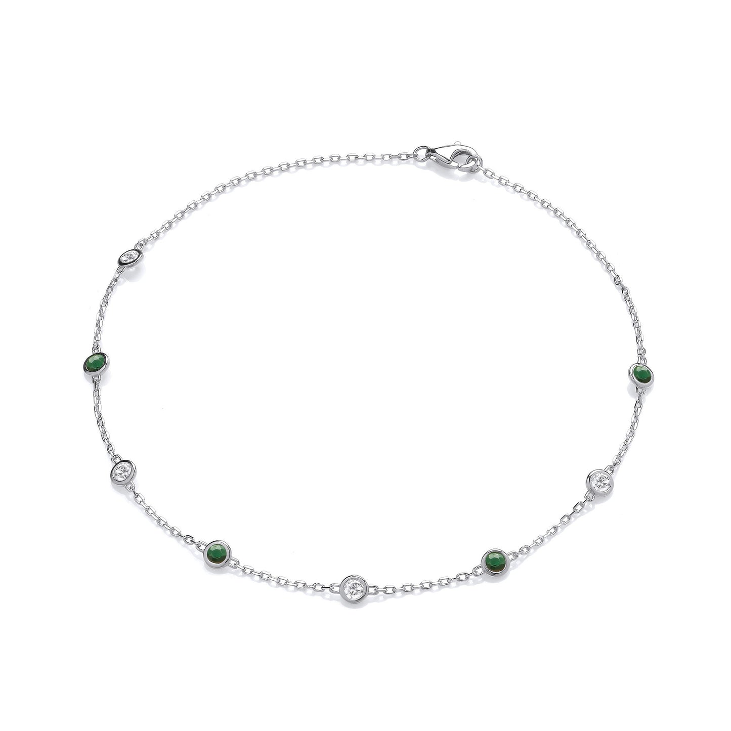 Silver Rubover Green & Clear Cz's Ladies Anklet