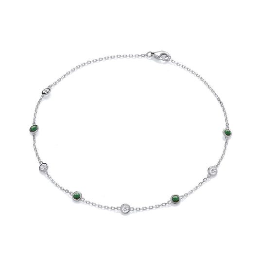 Silver Rubover Green & Clear Cz's Ladies Anklet