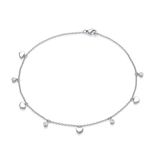 Silver Hearts and Round Cz's Ladies Anklet
