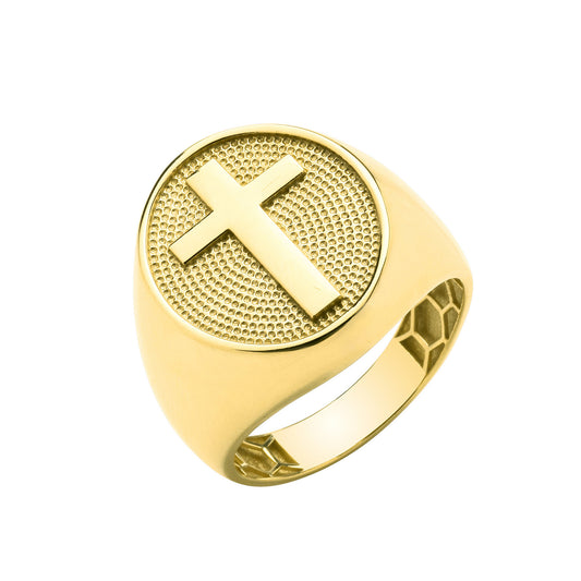 9ct Yellow Gold Oval Signet with Cross Gents Ring