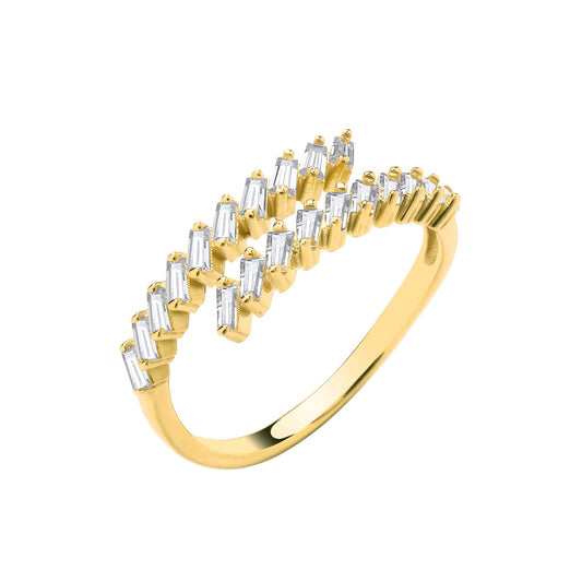 9ct Yellow Gold Cross-Over CZ Baguettes Ladies Ring