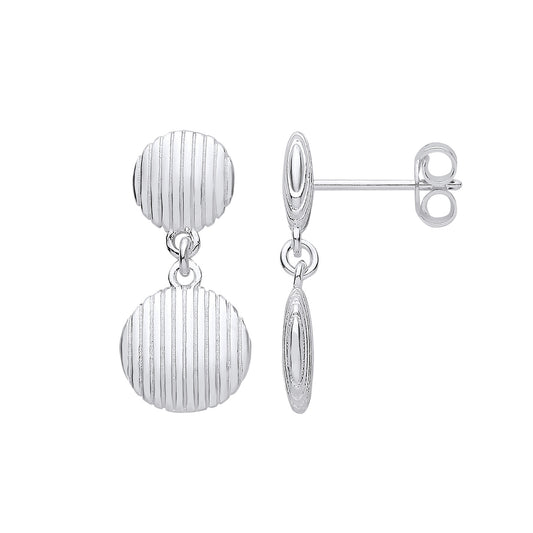 Silver Button Ribbed Drop Earrings