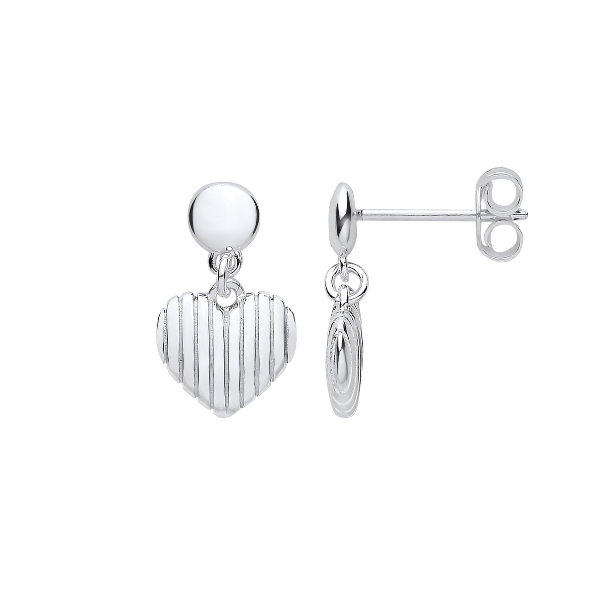Sterling Silver Heart Ribbed Drop Earrings