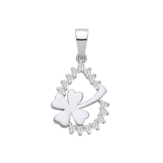 Silver Teardrop Lucky Four-Leaf Clover CZ Pendantt