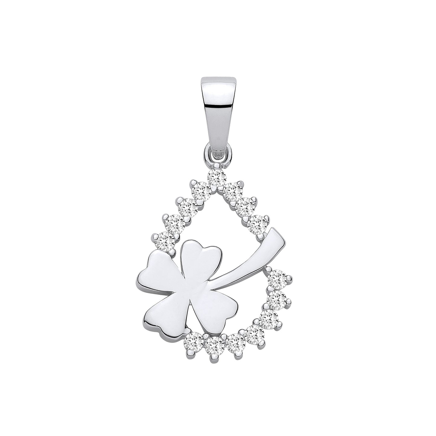 Silver Teardrop Lucky Four-Leaf Clover CZ Pendantt