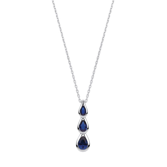 Blue Pear Shaped CZs Silver Pendant with Chain
