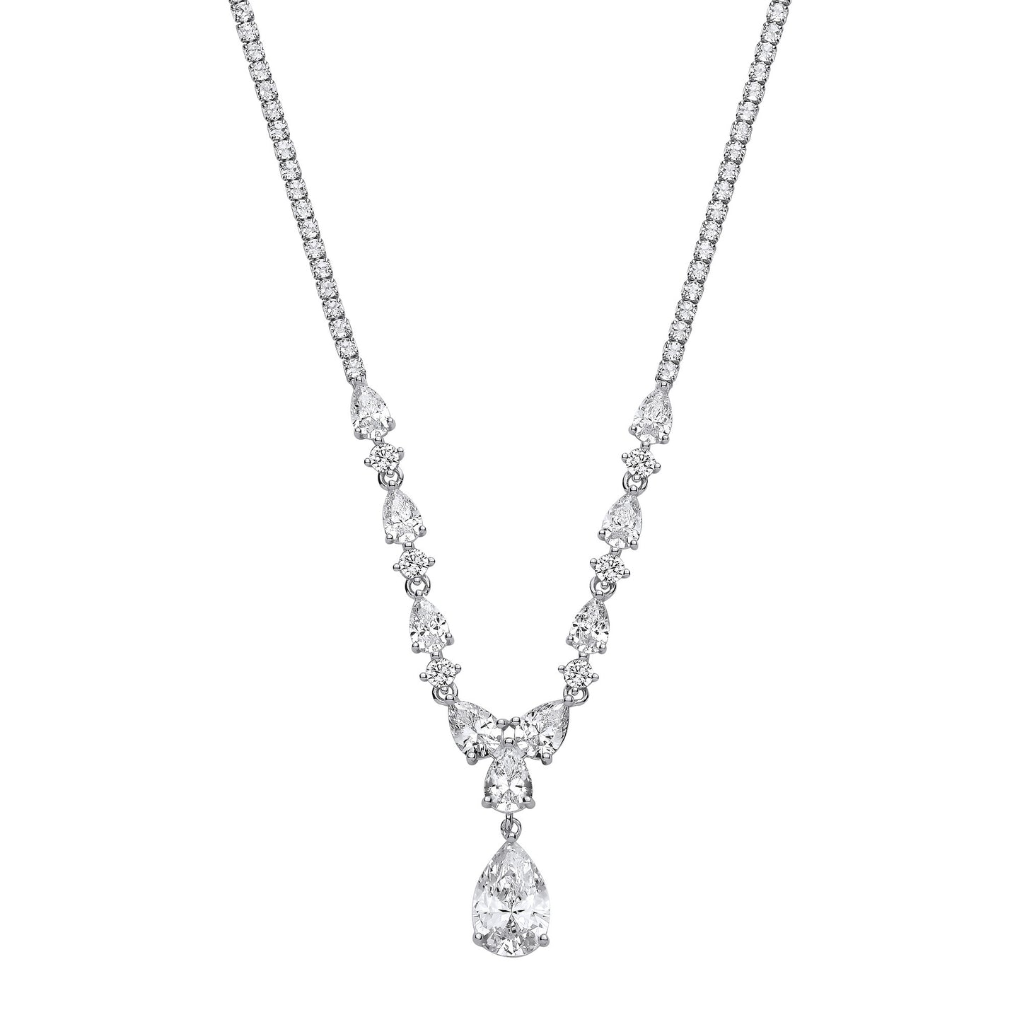 Graduated Pear-Cut Cubic Zirconia Rhodium Plated Silver Tennis Necklace