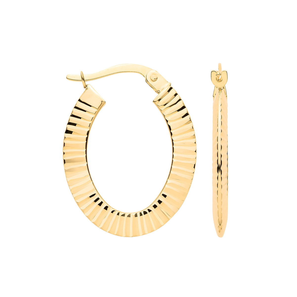 9ct Yellow Gold Oval Double-Side Ribbed Hoop Earrings