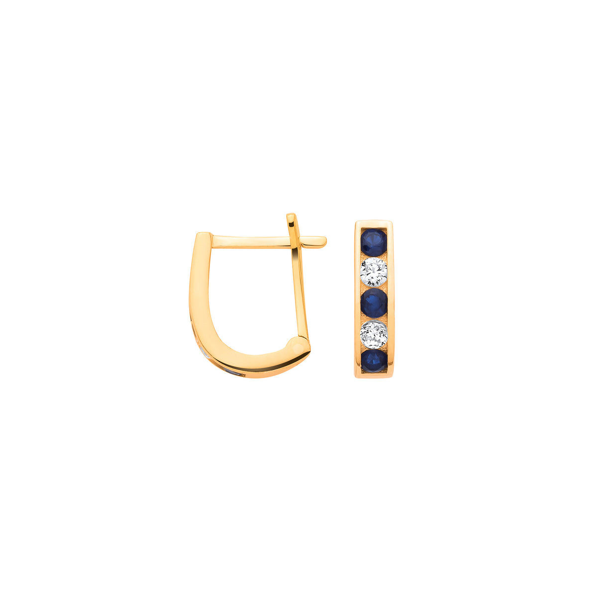 9ct Yellow Gold Blue and Clear Cubic Zirconia Channel-Set Huggie Hoop Earrings