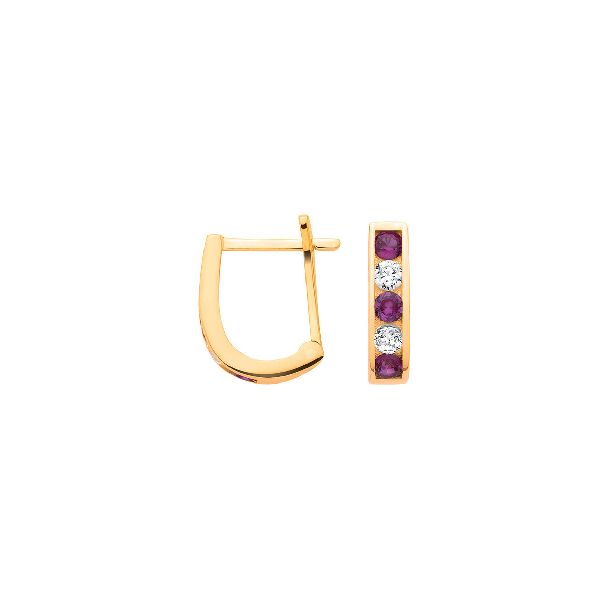 9ct Yellow Gold Red and Clear Cubic Zirconia Channel-Set Huggie Hoop Earrings