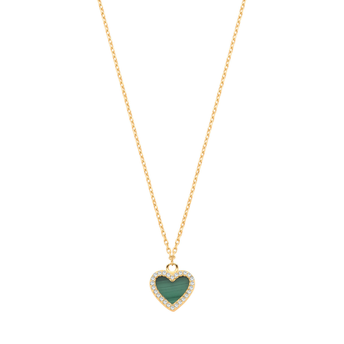 9cy Yellow Gold Malachite & CZs Heart Pendant on 18" Chain