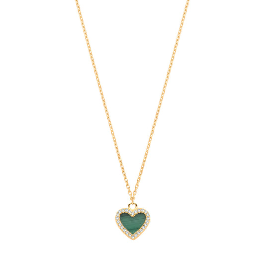 9cy Yellow Gold Malachite & CZs Heart Pendant on 18" Chain