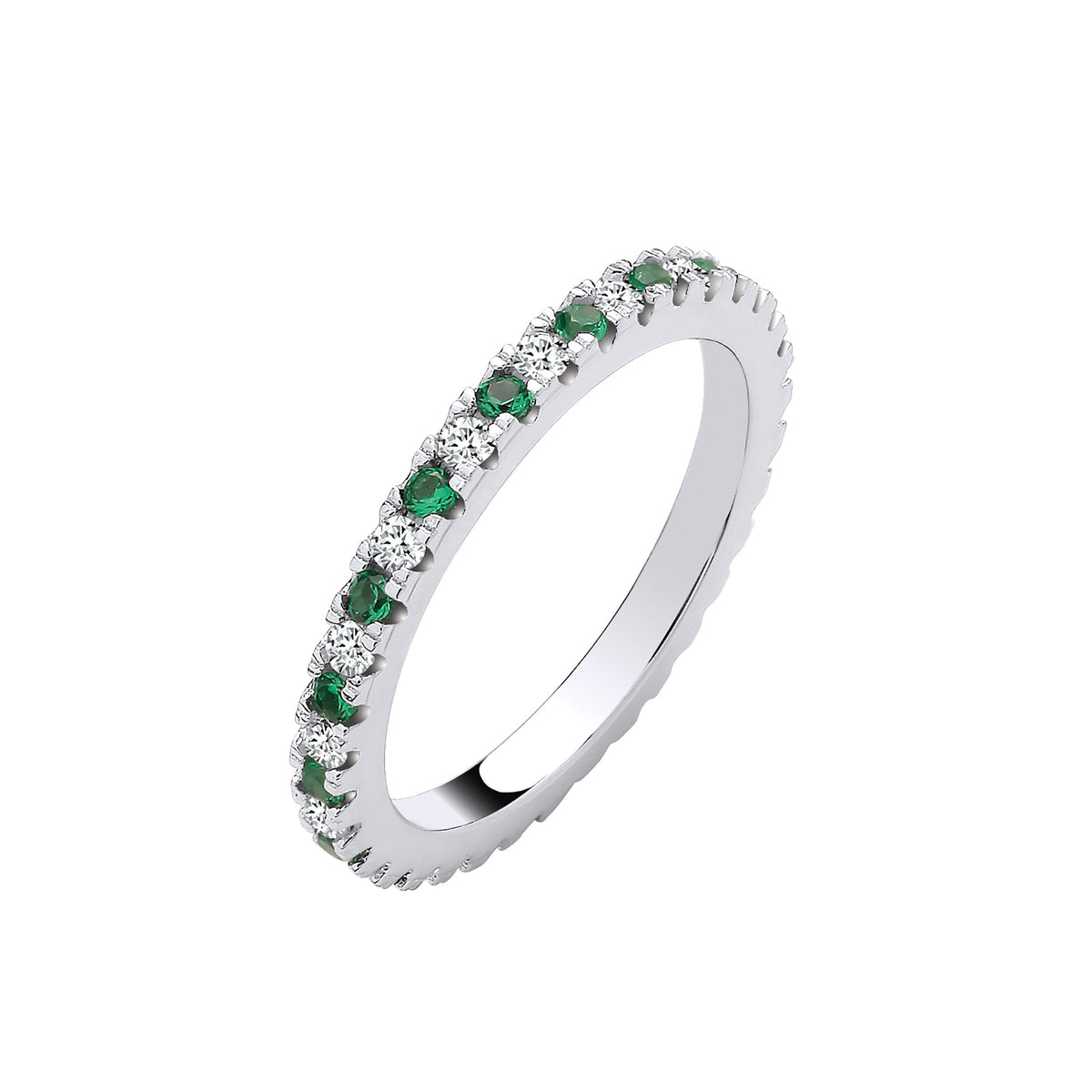 Sterling Silver Green Emerald and Clear CZ 2mm Full Eternity Ring