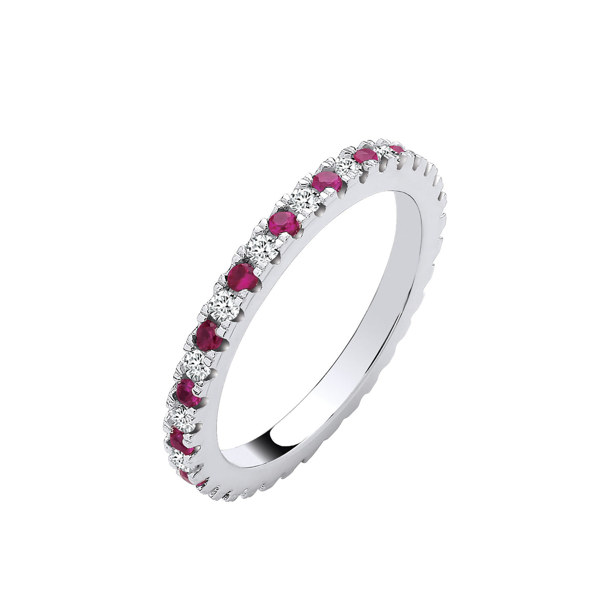 Sterling Silver Red Ruby and Clear CZ 2mm Full Eternity Ring