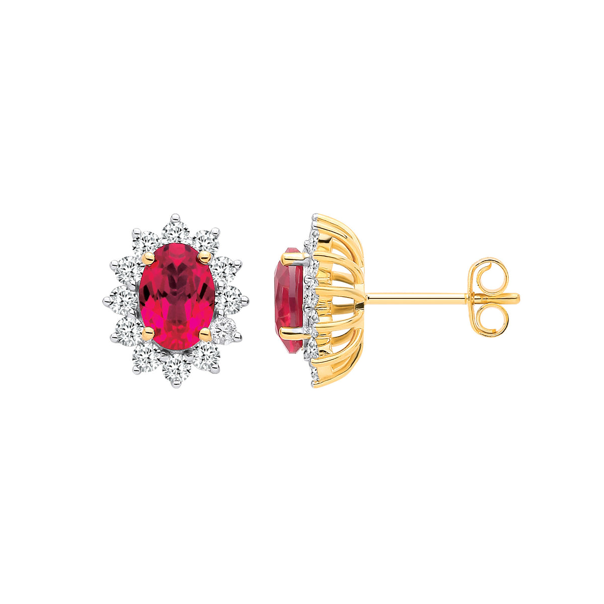 9ct Yellow Gold LAB GROWN 0.60ct Solitaire Diamond & 2.20ct Oval Ruby Earrings IGI Certified