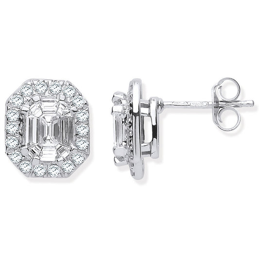 18ct WG Rd. Baguettes & Emerald Centre 1.40ctw Diamond Studs