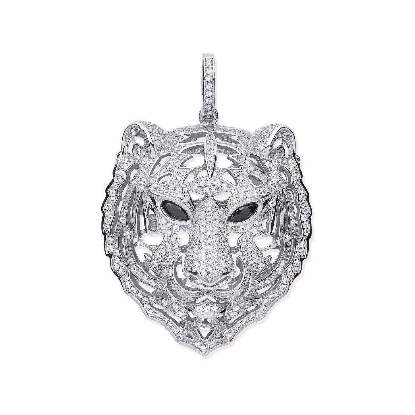 Silver CZ Tiger Head Black CZ Eyes Pendant