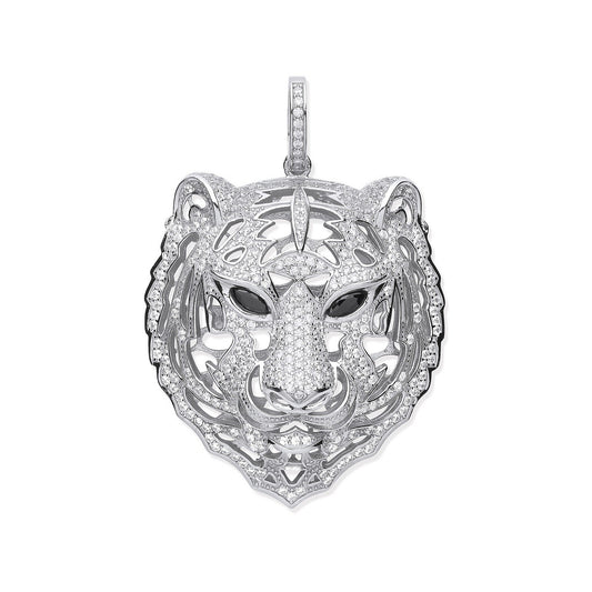 Silver CZ Tiger Head Black CZ Eyes Pendant