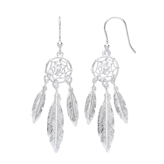 Sterling Silver Dream Catcher Feather Spider Web Drop Pendant
